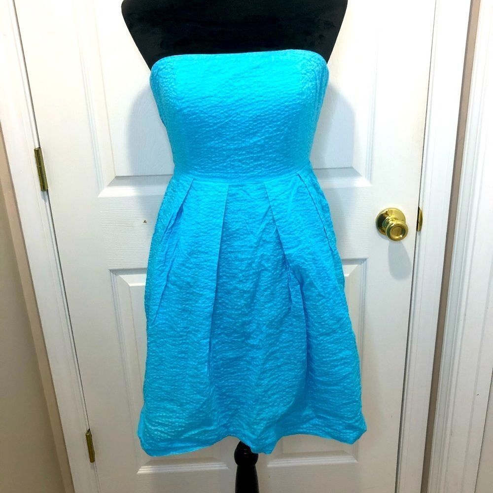 J Crew blue strapless midi dress with pockets - Picture 1 of 8